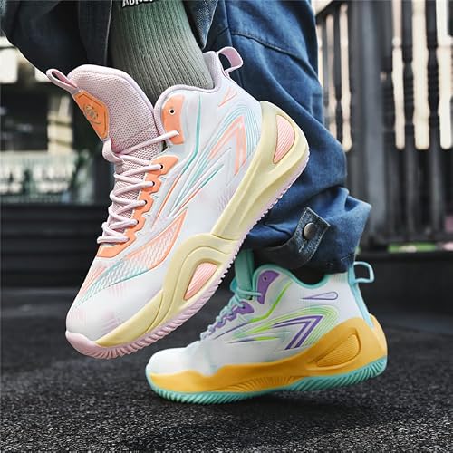 KIUSMETY Girls Boys Basketball Shoes High Top Fashion Volleyball Kids Non Slip Comfortable Indoor Outdoor Sneakers Greenpink Size 4 Big Kid