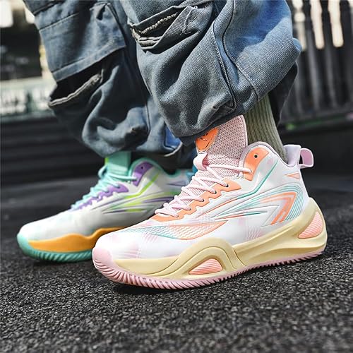 KIUSMETY Girls Boys Basketball Shoes High Top Fashion Volleyball Kids Non Slip Comfortable Indoor Outdoor Sneakers Greenpink Size 4 Big Kid