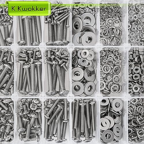 1059Pcs Nuts and Bolts Assortment Kit Phillips Pan Head #2-56#4-40#6-32#8-32#10-24#12-24 Machine Screws, K Kwokker 26 Sizes 304 Stainless Steel Screws Nut and Bolt Assortment with Screw Organizer
