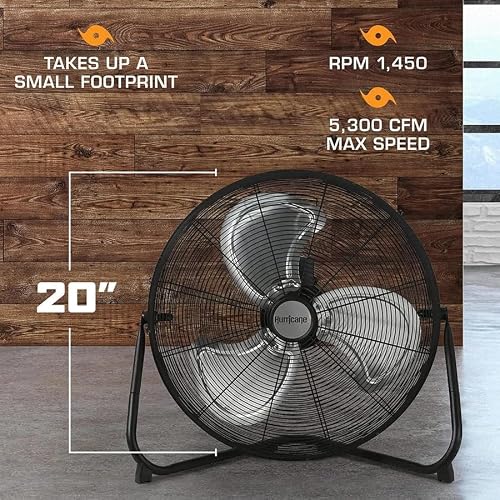 Hurricane Pro High Velocity Metal Blade Floor Fan, 3 Speeds, Black, 20in